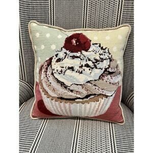 Vtg Wool Needlepoint Cupcake Pillow 15” Square Velvet Back